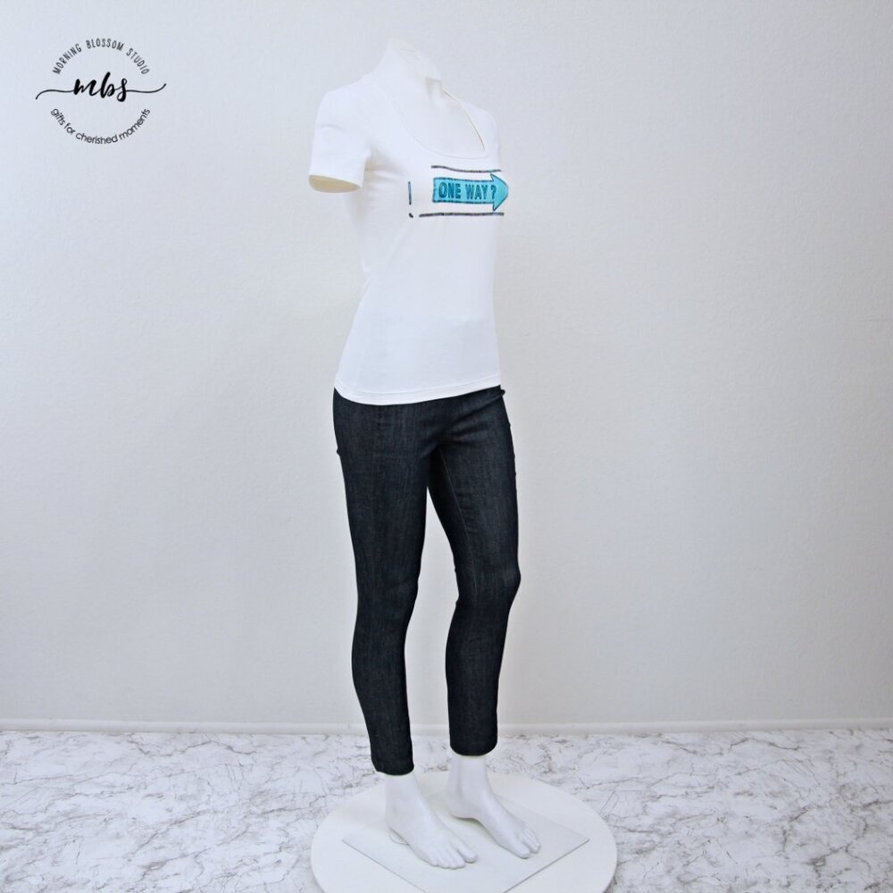 Moschino One Way Square Neck Distressed Short Sleeve Tee White Blue‎ Women S